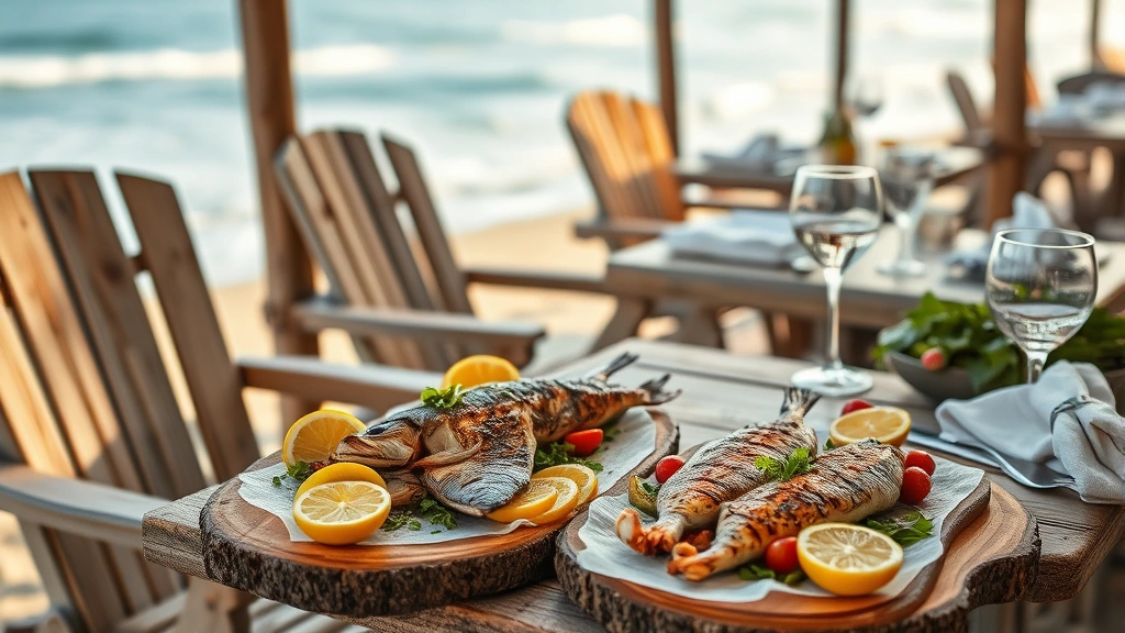 Waterfront beachside patio with ocean waves visible in soft focus background, weathered wooden deck chairs and tables, fresh grilled fish and seafood on rustic serving platters, citrus wedges and fresh herbs scattered artfully, salt-kissed natural lighting, casual elegant table settings with linen napkins and wine glasses, peaceful coastal ambiance