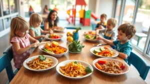 Overhead shot of vibrant children's dining table with colorful plated pasta, fresh vegetables, and fruit arranged artfully, natural window lighting, blurred playground equipment visible in background, families laughing at adjacent tables