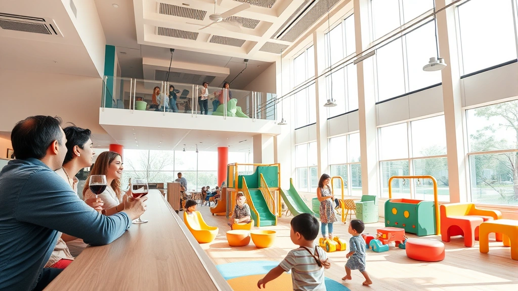 Wide-angle view of modern playground restaurant interior showing elevated parent dining area overlooking safe play zone with soft-padded equipment, bright natural light, clean contemporary design, parents with wine glasses watching children play below