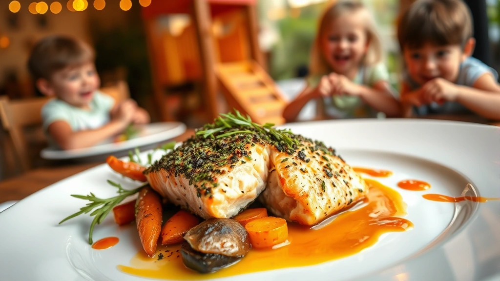 Close-up of gourmet adult entree featuring herb-crusted salmon, roasted root vegetables, and sauce drizzle on white plate, with blurred children's play structure and laughing diners visible in warm, soft-focused background