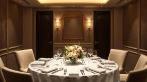 Elegant private dining room with intimate round table, soft golden lighting, white tablecloth, fine china place settings, fresh floral centerpiece, wine glasses positioned for service, muted neutral walls, sophisticated ambiance
