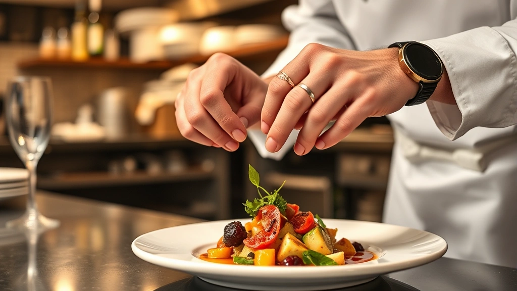 Chef plating gourmet dish in private dining kitchen, hands working with precision, colorful seasonal ingredients, sauce application, garnish placement, professional kitchen environment, warm professional lighting
