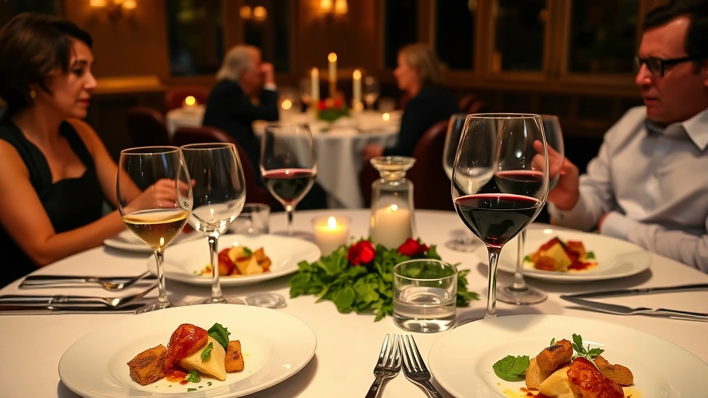 Private dining table during multi-course service with multiple wine glasses, course progression visible, elegant plating on white plates, candlelit atmosphere, guests dining in background, intimate group celebration