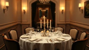 Elegant private dining room with intimate round table set with fine china, crystal glasses, and candlelight, white tablecloth, sophisticated place settings, warm ambient lighting, no people visible
