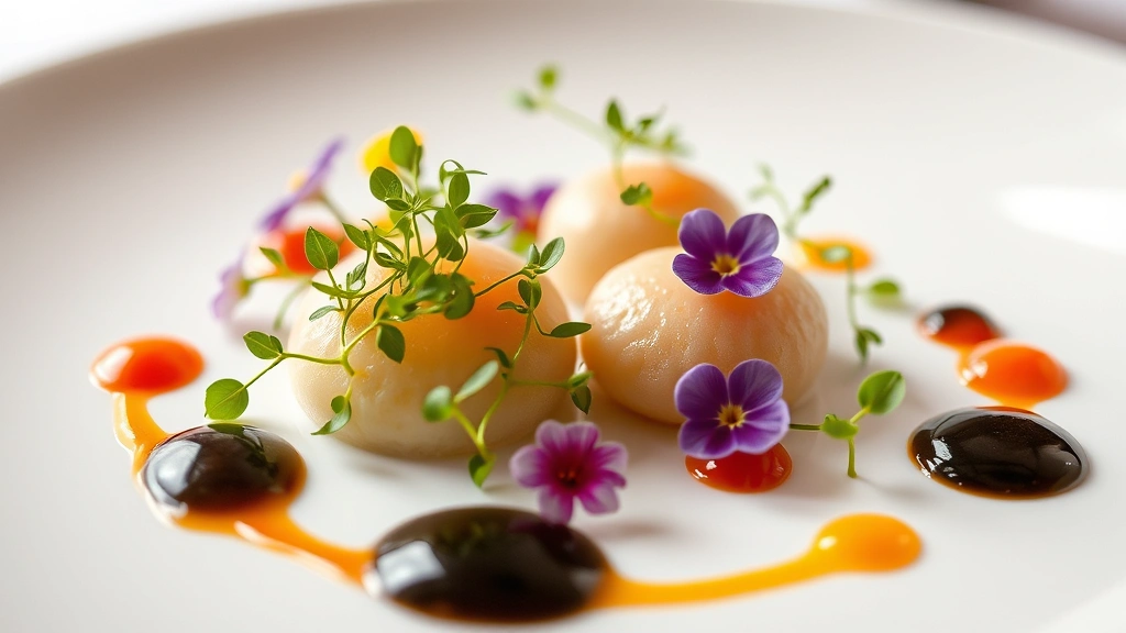 Close-up of beautifully plated multi-course tasting menu showing artistic presentation with microgreens, sauce dots, and edible flowers on white porcelain, professional culinary plating