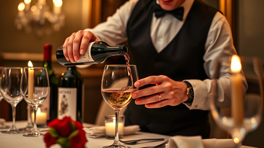 Sommelier pouring wine into crystal glass at private dinner table with multiple wine bottles in background, candlelit ambiance, focused on wine service excellence and professional presentation