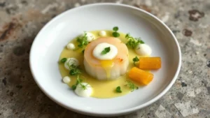 Overhead shot of an elegantly plated scallop dish with lemon beurre blanc, sea urchin foam, microgreens, and crispy potato cylinders on a white ceramic plate against a soft natural background, fine dining presentation