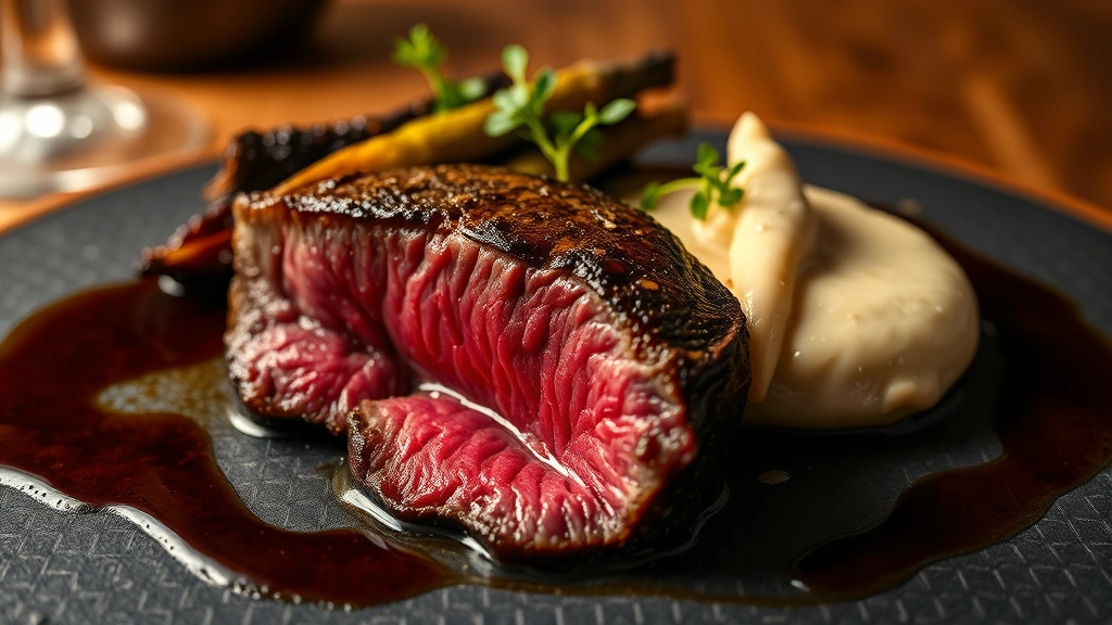 Close-up of a perfectly seared beef steak with medium-rare interior, bone marrow purée, charred brassicas, and concentrated red wine reduction on a slate plate, luxury restaurant photography with warm lighting