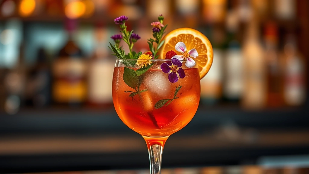 Sophisticated cocktail in a crystal glass with fresh herbs, edible flowers, and citrus garnish photographed against warm ambient lighting, bar program featuring herbal liqueurs and seasonal ingredients, luxury beverage presentation