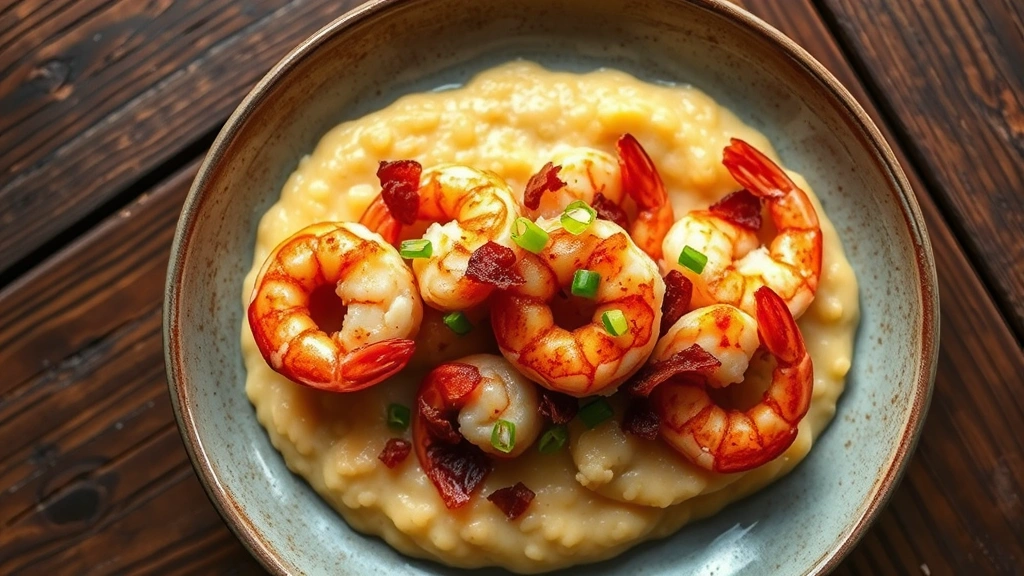 Overhead shot of a plated shrimp and grits dish with creamy polenta, perfectly seared wild Georgia shrimp, crispy bacon bits, and fresh green onion garnish, rustic wooden table, soft natural lighting, Savannah riverside setting