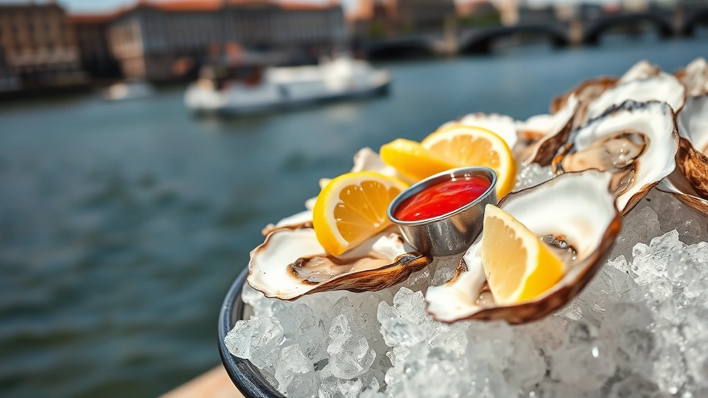 Close-up of raw oysters on the half shell arranged on crushed ice with lemon wedges and cocktail sauce, river water and historic architecture blurred in background, professional food photography, bright daylight