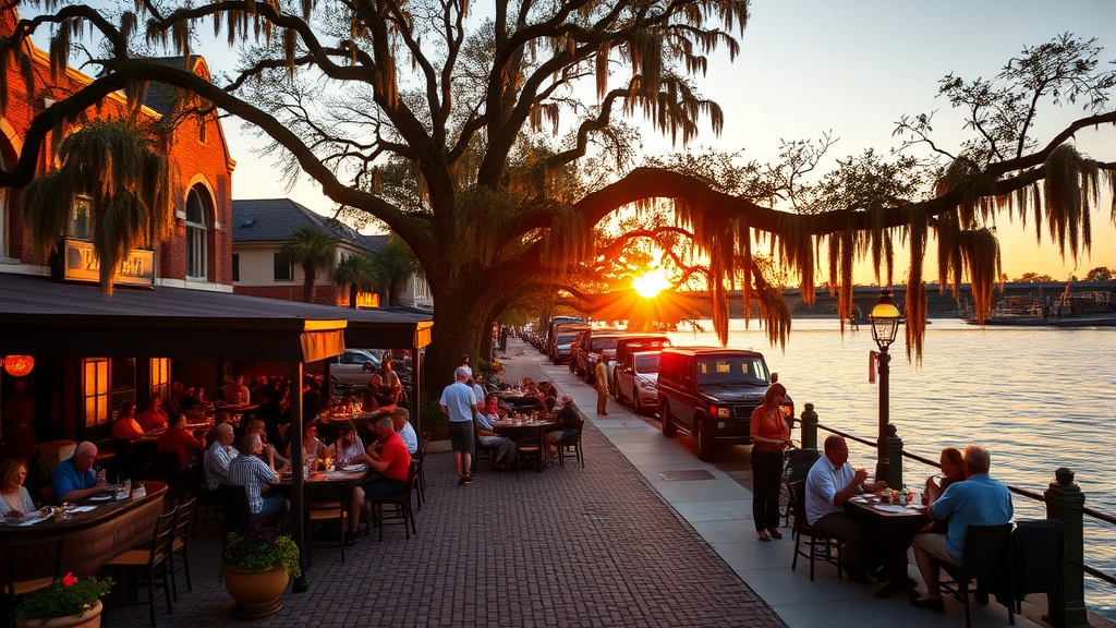 Sunset view of an outdoor waterfront restaurant patio on Savannah's River Street with diners enjoying meals, cobblestone ground, Spanish moss hanging from ancient oak trees, golden hour lighting reflecting off the river, atmospheric and inviting