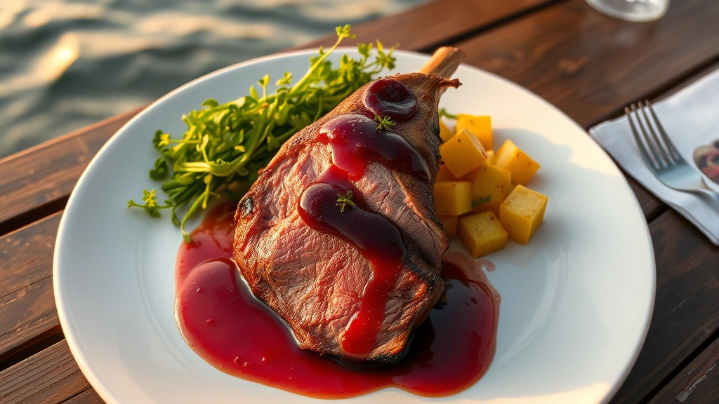 Overhead view of perfectly seared duck breast with glossy cherry gastrique, crispy golden potato pavé, and fresh microgreens on white ceramic plate, riverside sunset lighting, water reflections visible in background