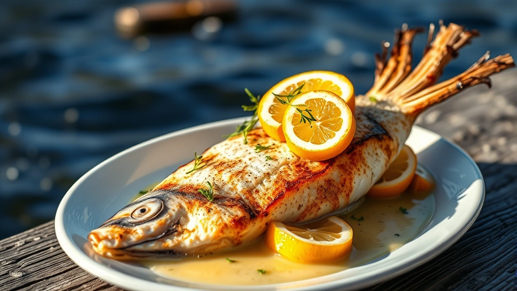 Wood-grilled branzino fillet with crispy skin, fennel fronds, vibrant citrus segments, silky beurre blanc sauce artfully plated, natural daylight illuminating translucent fish flesh, river water blurred behind