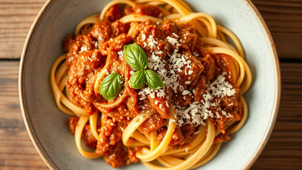 Handmade fresh pasta tagliatelle with rich wild boar ragù, grated Parmigiano-Reggiano, fresh basil, creamy sauce coating noodles, overhead angle, warm golden hour light, rustic wooden table edge visible
