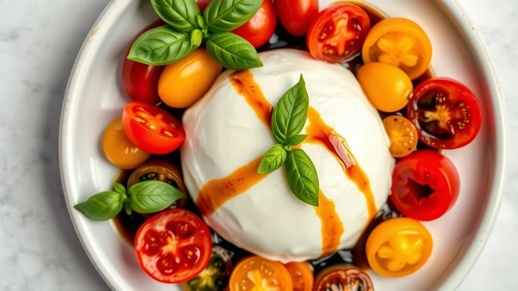 Overhead flat lay of plated burrata with compressed heirloom tomatoes in various colors, aged balsamic reduction drizzle, fresh basil garnish, white ceramic plate, soft natural lighting, Mediterranean style plating