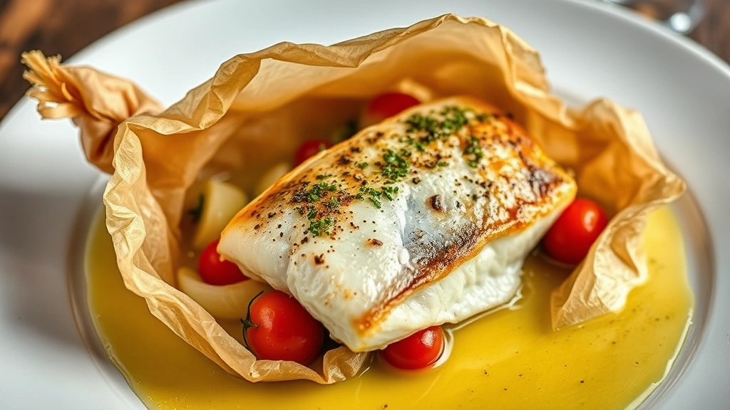 Medium shot of pan-seared branzino fillet en papillote partially opened, steam rising, fennel bulb slices and cherry tomatoes visible inside parchment, white wine sauce pooling around plate, elegant fine dining presentation