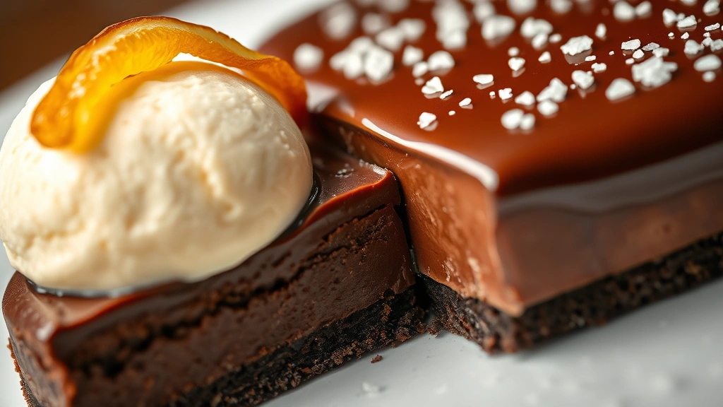 Artistic close-up of chocolate torte with glossy ganache surface, sea salt crystals scattered artfully, quenelle of olive oil ice cream beside it, candied citrus peel garnish, shallow depth of field, professional food photography
