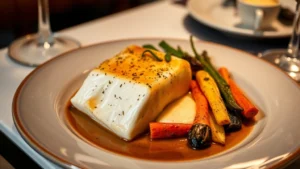 Professional plated pan-seared halibut with brown butter sage cauliflower puree, roasted seasonal vegetables including baby leeks and rainbow carrots, elegant restaurant presentation, soft warm lighting