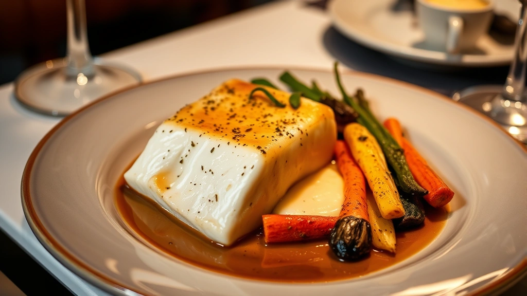 Professional plated pan-seared halibut with brown butter sage cauliflower puree, roasted seasonal vegetables including baby leeks and rainbow carrots, elegant restaurant presentation, soft warm lighting
