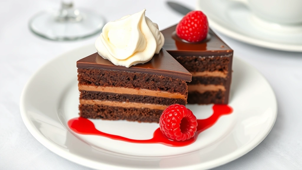 Artfully arranged chocolate torte slice with dark chocolate layers, silky mousse, glossy ganache, accompanied by vanilla ice cream and raspberry coulis on white porcelain plate