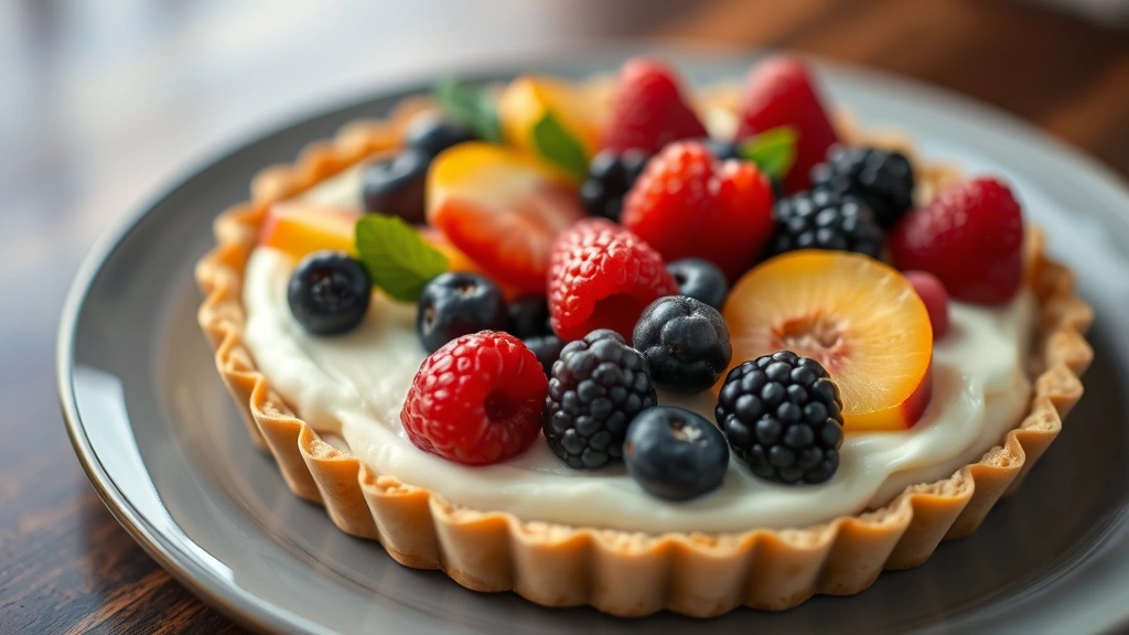 Seasonal fruit tart featuring peak-ripeness berries and stone fruits arranged geometrically on pastry cream within buttery tart shell, fine dining plating, shallow depth of field