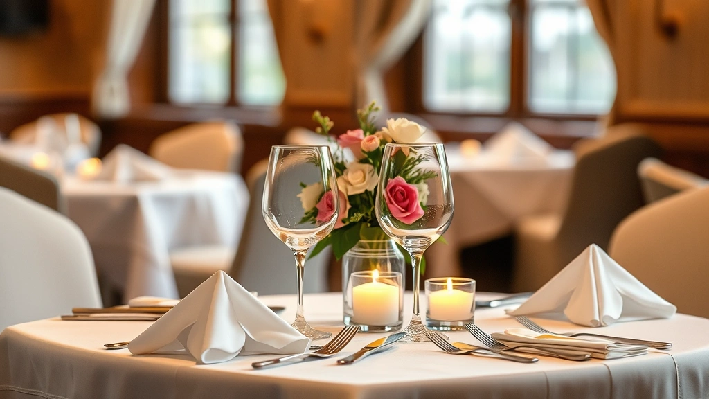Intimate restaurant table setting with white linens, candlelight, elegant place settings, soft focus warm lighting, two wine glasses and fresh flowers centerpiece, romantic dinner ambiance
