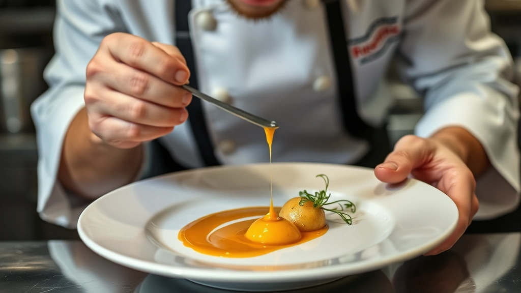 Chef plating an elegant romantic dinner course with precision, golden sauce drizzle, microgreens garnish, fine dining presentation on white plate, professional kitchen lighting, culinary artistry