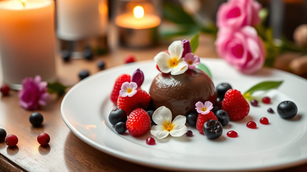 Romantic dessert presentation featuring dark chocolate mousse, fresh berries, edible flowers, artistic plating on white plate, candlelit background, elegant fine dining sweet course