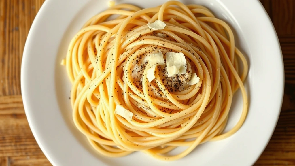 Overhead shot of authentic Roman cacio e pepe pasta on white plate, black pepper visible, creamy sauce coating strands, fresh Pecorino Romano cheese shavings, soft warm lighting from Roman trattoria