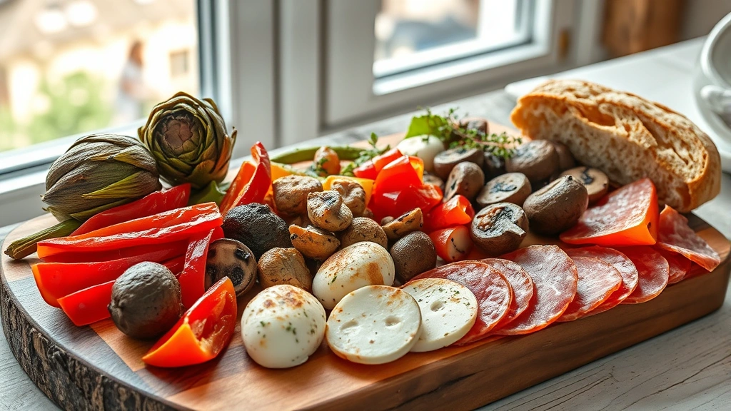 Rustic Italian antipasti spread featuring charred artichokes, roasted red peppers, marinated mushrooms, fresh mozzarella, cured meats on wooden board with crusty bread, natural daylight through Mediterranean window