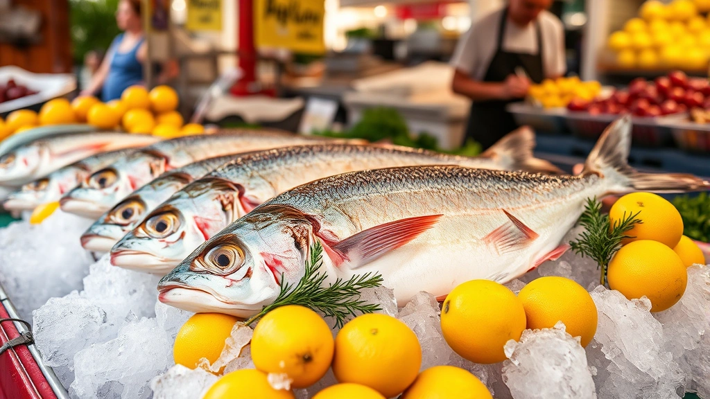 Fresh whole Mediterranean fish on ice at Roman market stall, surrounded by lemons, fresh herbs, sea salt, morning market atmosphere with blurred vendor in background, vibrant natural colors