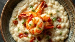 Close-up overhead view of golden-seared shrimp nestled on creamy stone-ground grits with bacon lardons and fresh herb garnish, steam rising, soft natural lighting on rustic ceramic plate