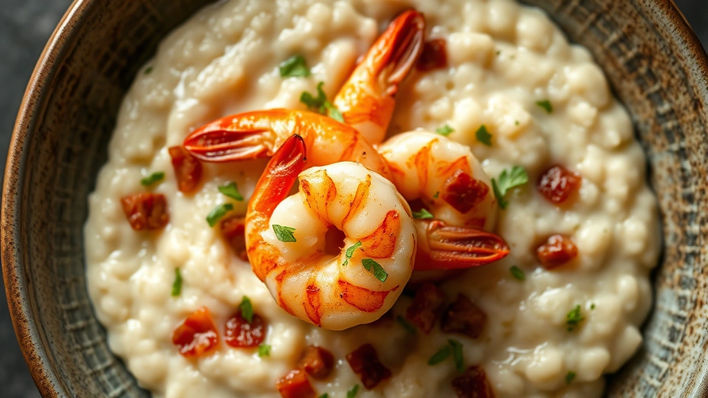 Close-up overhead view of golden-seared shrimp nestled on creamy stone-ground grits with bacon lardons and fresh herb garnish, steam rising, soft natural lighting on rustic ceramic plate