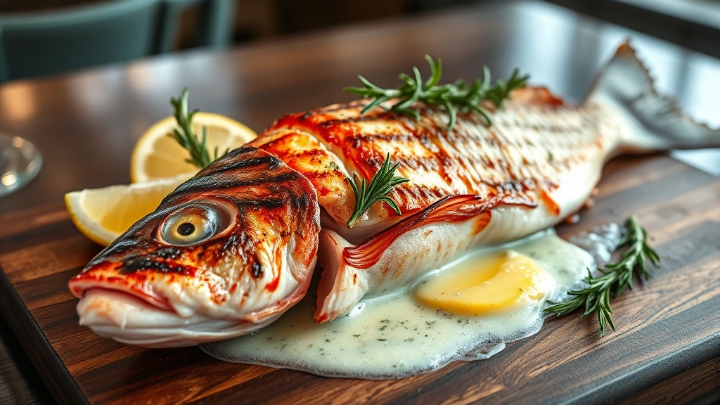 Whole grilled red snapper with charred skin, lemon wedges, fresh rosemary sprigs, and herb butter pooling around flaky white flesh, dramatic coastal restaurant lighting, wooden serving board