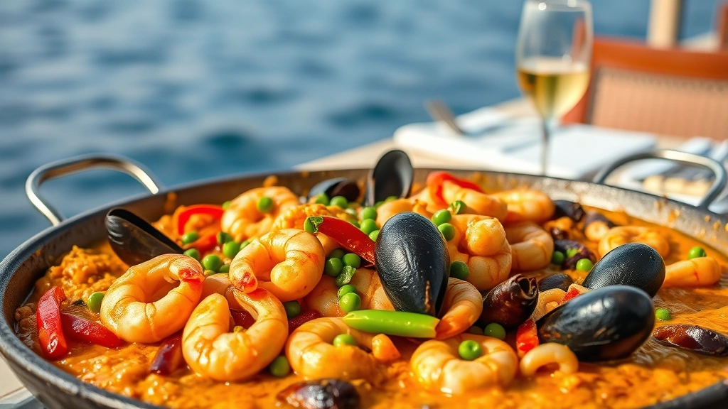 Vibrant saffron paella in traditional wide shallow pan with Gulf shrimp, mussels, squid, green peas, red peppers, golden crispy socarrat bottom visible, waterfront dining setting with ocean blur background