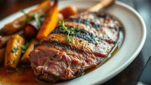 Close-up of perfectly seared duck breast with crispy skin, resting on a white plate alongside roasted root vegetables and herb-infused sauce, soft restaurant lighting, shallow depth of field, steam visible