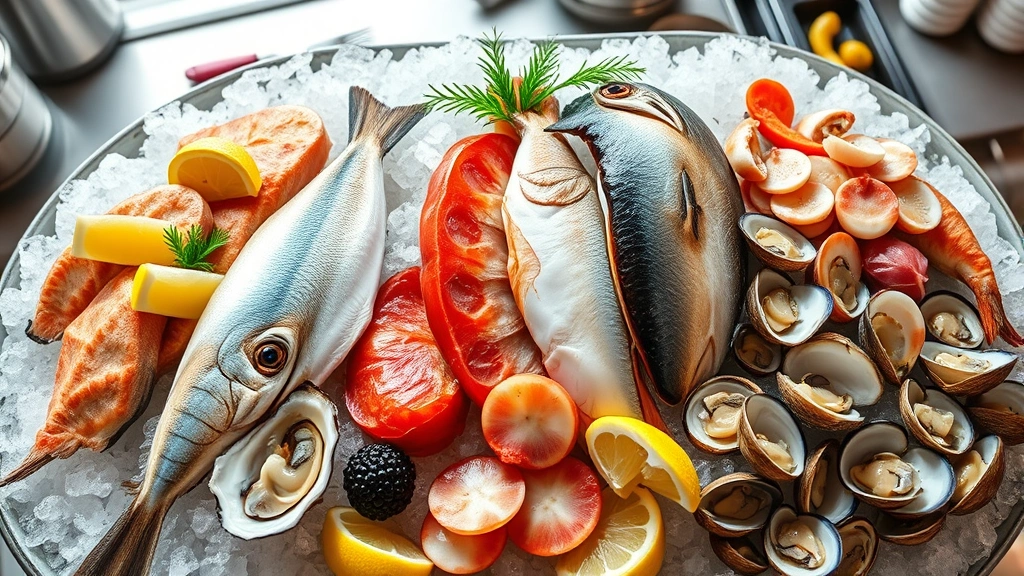 Overhead shot of vibrant fresh seafood display featuring whole fish, oysters, scallops, and clams on crushed ice with lemon wedges, bright natural light highlighting colors and textures, restaurant kitchen background slightly blurred