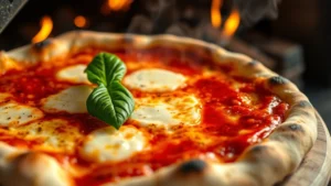 Close-up of freshly baked wood-fired pizza with bubbled crust, golden-brown edges, melted mozzarella with slight charring, vibrant red sauce, fresh basil leaf on top, steam rising, rustic wooden paddle partially visible, warm oven glow in background