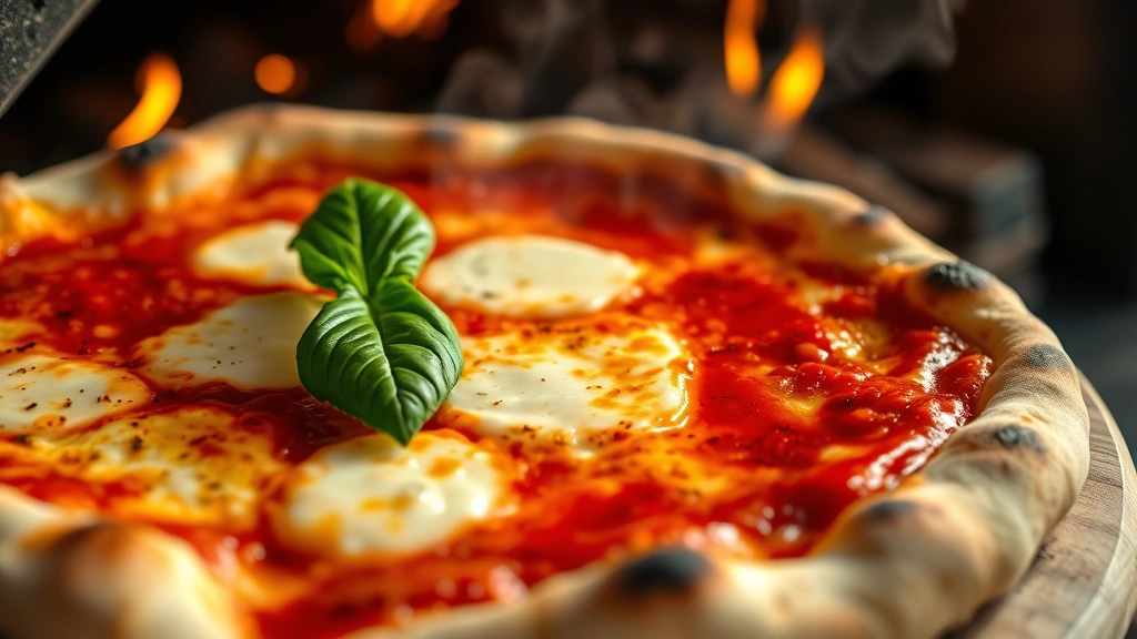 Close-up of freshly baked wood-fired pizza with bubbled crust, golden-brown edges, melted mozzarella with slight charring, vibrant red sauce, fresh basil leaf on top, steam rising, rustic wooden paddle partially visible, warm oven glow in background