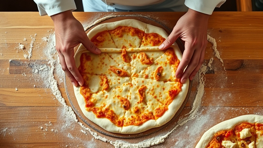 Overhead view of chef's hands stretching pizza dough, visible fermentation bubbles in dough structure, flour-dusted wooden work surface, warm natural lighting, crispy crust edges visible, traditional pizzeria kitchen setting