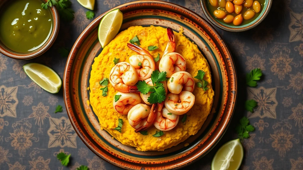 Overhead flat lay of colorful Puerto Rican mofongo topped with seared shrimp and cilantro oil on a rustic ceramic plate, surrounded by fresh lime wedges and a small bowl of vibrant green sofrito