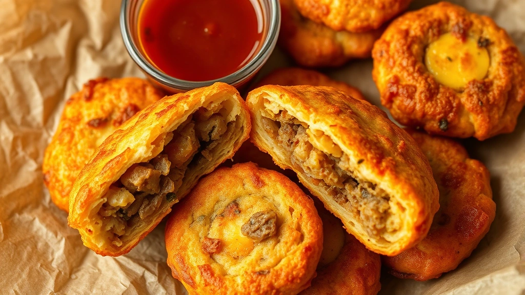 Close-up of crispy golden alcapurrias (plantain and meat fritters) cut in half showing the steaming interior, arranged on parchment paper with a small dish of tangy dipping sauce beside them