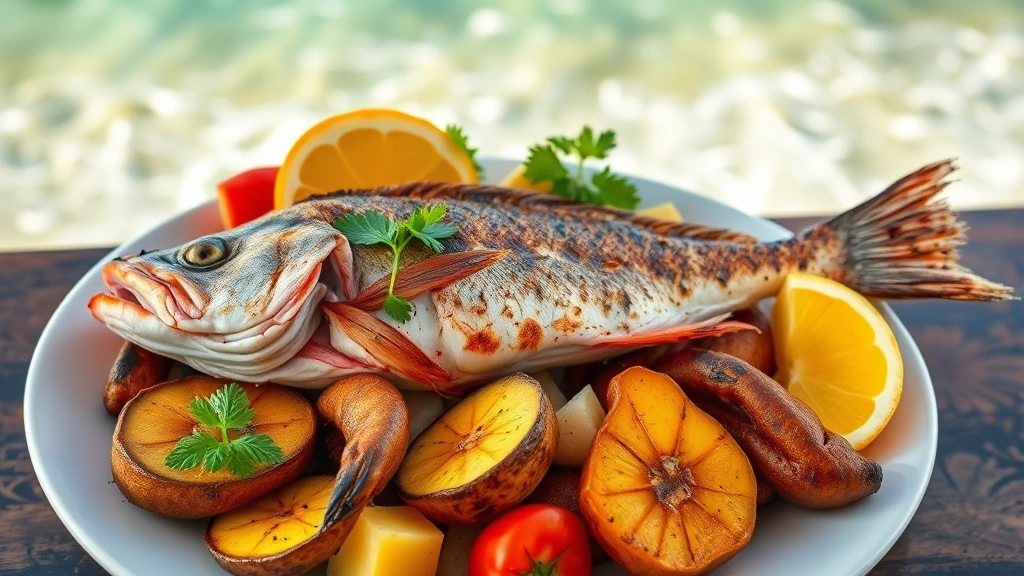 Overhead shot of a beachfront seafood platter featuring grilled whole snapper with crispy skin, twice-fried plantain tostones, and fresh tropical fruit garnish with ocean waves blurred in background