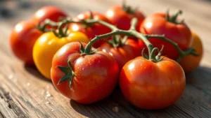 Fresh heirloom tomatoes glistening with morning dew on rustic wooden surface, vibrant reds and yellows, sunlit Central Coast farm aesthetic, shallow depth of field focusing on tomato stems