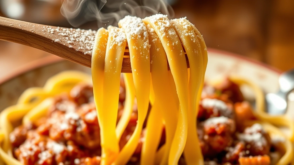 Handmade fresh tagliatelle pasta draped over wooden fork, silky ribbons with flour dust, rich Bolognese ragĂą coating strands, steam rising, warm kitchen lighting, close-up macro photography