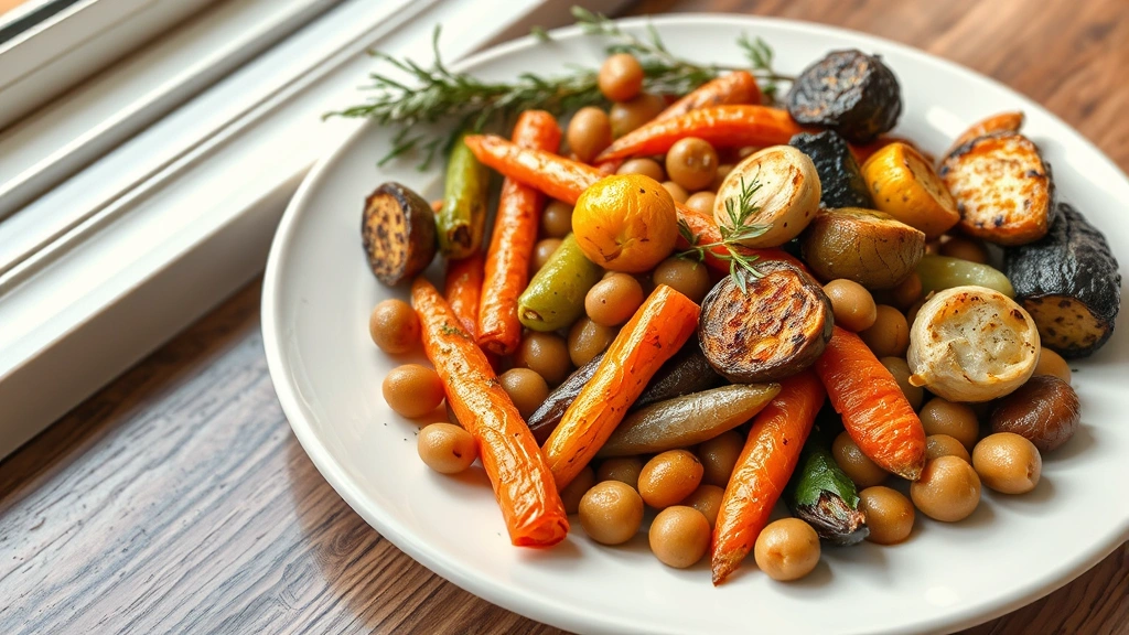 Seasonal vegetable medley on white ceramic plate including roasted carrots, brassicas, and legumes with herb garnish, golden caramelization visible, artistic plating arrangement, natural window light