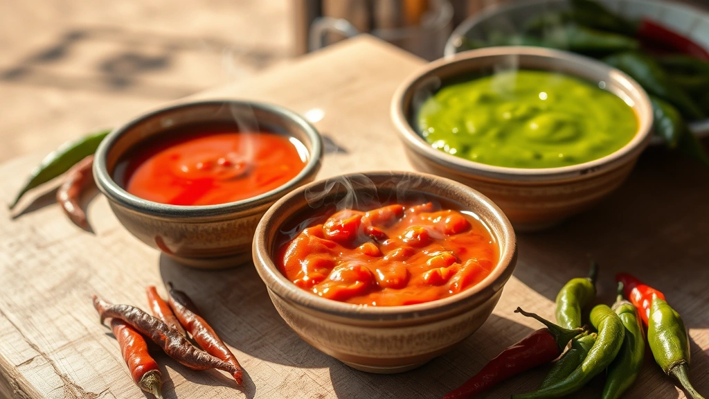 Vibrant red and green chile sauces in ceramic bowls, fresh roasted chiles scattered nearby, rustic wooden table, natural sunlight, New Mexico high desert aesthetic, steam rising from warm dishes
