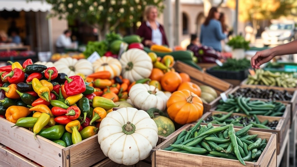 Farmers market scene in Santa Fe Plaza: heirloom chile peppers, squash, and beans in wooden crates, local vendor hands arranging produce, autumn morning light, vibrant regional vegetables, authentic market atmosphere