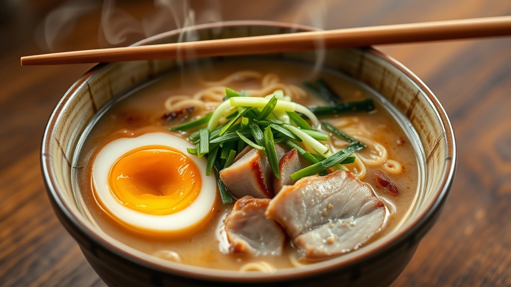 Steaming bowl of tonkotsu ramen with perfectly soft-boiled egg, sliced chashu pork, fresh scallions, and bamboo shoots in rich creamy pork broth, wooden chopsticks resting on bowl rim, warm steam rising